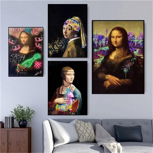 Vintage Graffiti Famous Painting Mona Lisa Funny Art Canvas Poster Pearl Earring Girl Prints Wall Pictures For Room Decoration