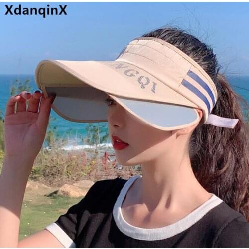 XdanqinX Summer Womens Hat Sunscreen Empty Top Sun Hats Telescopic Big Brim Ladies Beach Hat Wind Rope Fixed Couple Travel Cap