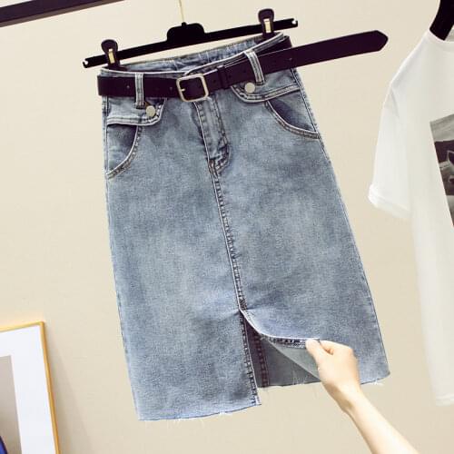 YGhan 2021 Summer Spring New Women Solid Denim Skirt Casual High Waist A-line Skirt with Belt Slim Medium Length Skirt