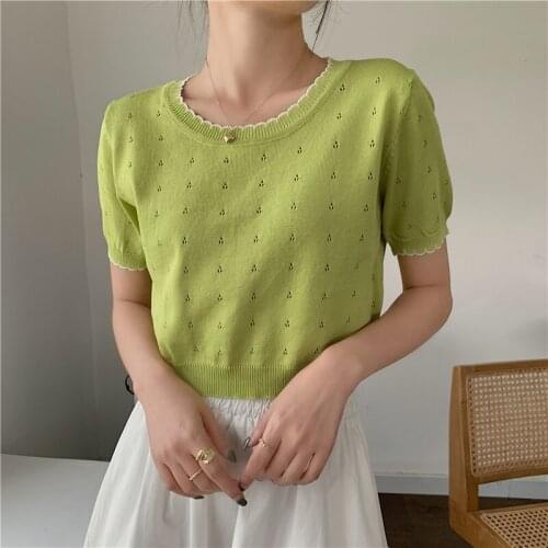 Avocado Green Fashion Hollow Out Knitted Summer Short Tops Women Casual O-neck Short Sleeve Slim T-shirt Korean Ladies Tees