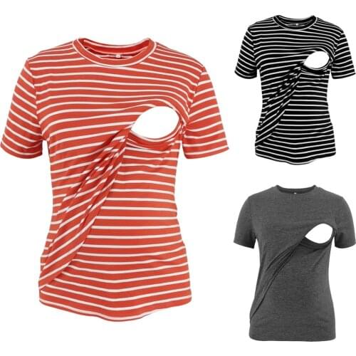 Womens Striped Short Sleeve Tshirts Layered Nursing Tops Maternity Breastfeeding Tunic Zwangerschaps Kleding