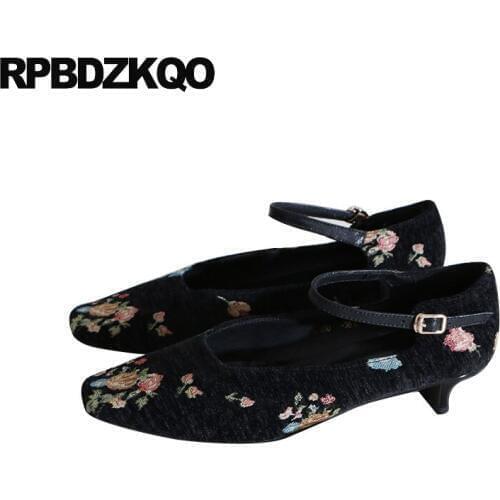 Black genuine leather square toe 2019 ankle strap fashion size 4 34 low heels thick pumps luxury women shoes china suede block