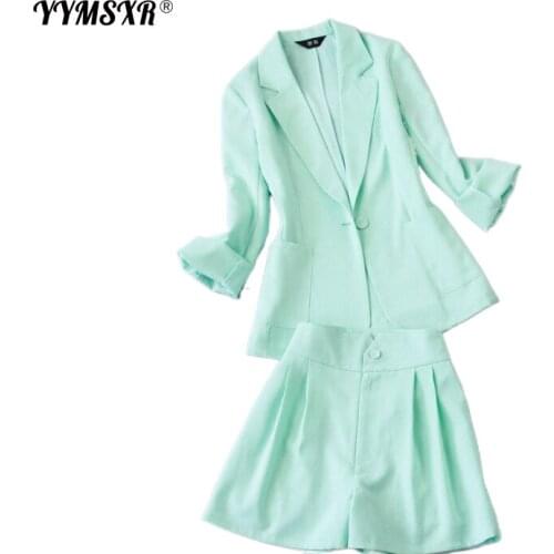 High-quality Womens 2021 Summer New Green Casual Office Suit + Wide-leg Trousers Shorts Cotton and Linen 2-piece Set