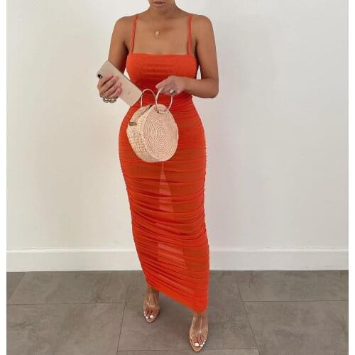 2021 Best Quality Famous Brand Mesh Dress Solid Spaghetti Strap Summer Beach Bodycon Miax Dress Vestidos