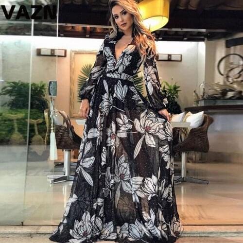 VAZN 2021 Top Quality Retro Print Chiffon Bohemian Holiday Sweet Young Free Deep V-Neck Full Sleeve Women Maxi A-Line Dress