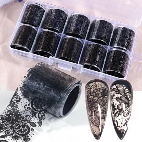 10pcs Lace Transfer Foil Black White Nail Stickers Hollow Flower Sliders Transparent Decals Wraps Nail Art Decoration Set HB12