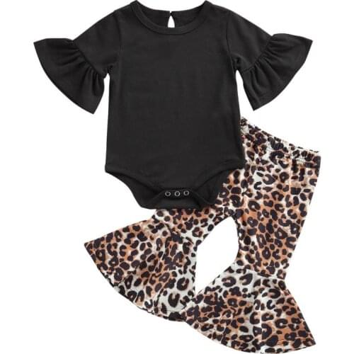 2Pcs Baby Spring Outfits, Solid Color Mandarin Sleeves Romper + Leopard Print Flare Trousers for Toddler Girls, 0-24 Months