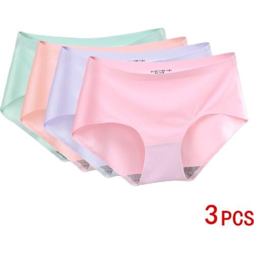 3Pcs Seamless Panties Womens Solid Silk Panties Skin-friendly Female Underwear Lady Briefs Woman Knickers Underpant Size XXL
