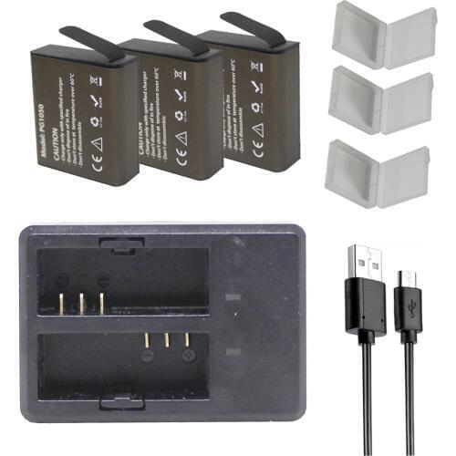 3Pcs PG1050 Batteries + Dual Charger For SJCAM sj4000 Sj5000 7000 EKEN H9 H9R H3 H3R H8PRO Soocoo C30 C30R C10S Camera Battery
