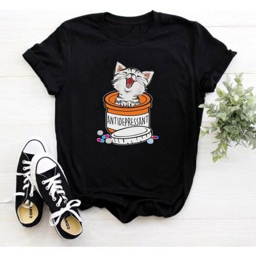 Antidepressand Femme T-shirts Cat In Can Short Sleeve Cotton Graphic Tee Women O-neck Camisetas Mujer Casual T Shirt Women