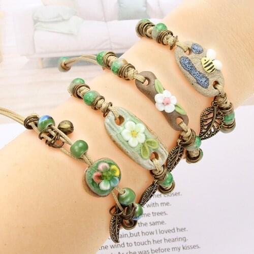 Retro Bracelet Womens Flower Leaf Ceramic Hand Made DIY Bracelets Artware For Woman Girl Gift Jewelery Wholesale