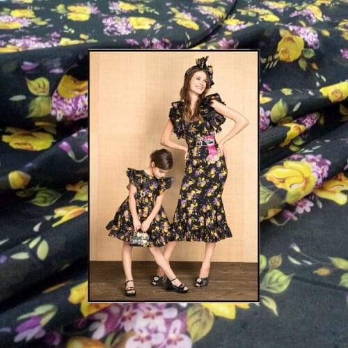 Brand custom womens printed fabric parent-child wear childrens cloth womens black small yellow flower pattern cloth