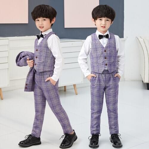 Children Plaid Forma 3pcs Suit Set Flower Boys Autumn Winter Wedding Party Performance Costume Kids Blazer Vest Pants Costume