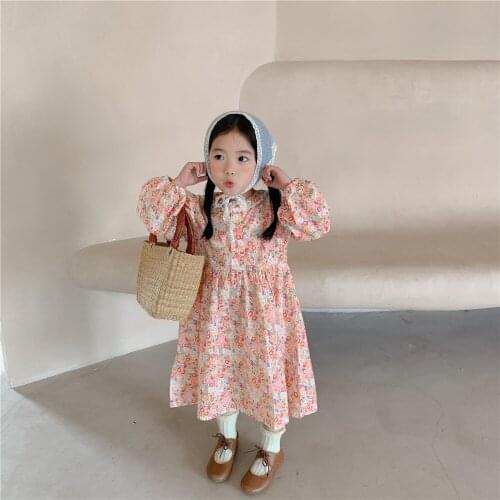 2021 Childrens Dresses Autumn Korean Baby Girl Pastoral Style Floral Dress Children Long Princess Dress for Girls Baby Clothes
