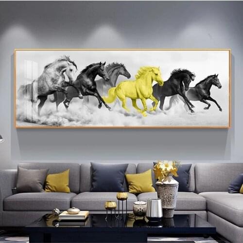 Golden Running Horses Posters and Prints Black And White Animal Canvas Painting Wall Art Pictures for Living Room Home Decor