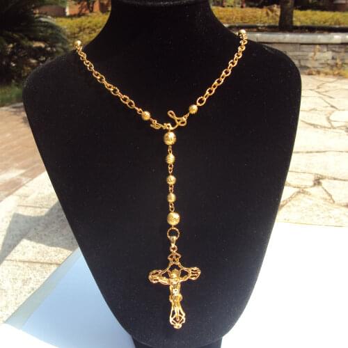 Loyal women Cool pendant Fine Yellow 18 k Solid gold Filled Holy Rosary Jesus cross Wide Beads Chain necklace Fixed Ensemble