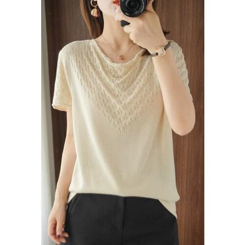 Summer Hollow Short Sleeved Sweater Tees Womens Casual Worsted Pure Cotton Knitted T-Shirt Solid Color All-Match Pullover Tops