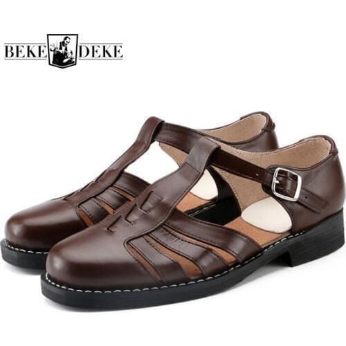 Summer High Quality Leather Formal Shoes Men Round Toe Hollow Buckle Sandals Handmade Leisure Soft Sole Sandals Plus Size 48
