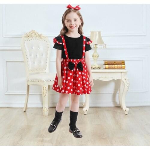 Summer Girls Suspender Skirt + Cotton T-shirt + Headband 3pcs Girl Party Clothes Sets Polka Dots Mouse Princess Birthday Costume