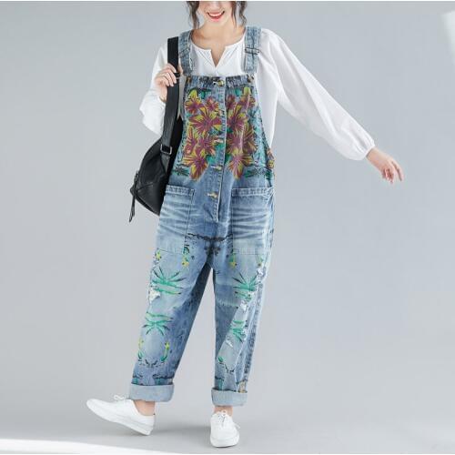 Baggy Denim Overalls for women Print Bib Suspenders jean Pants Large size Denim Jumpsuits Baggy Cowboy Wide Leg Rompers