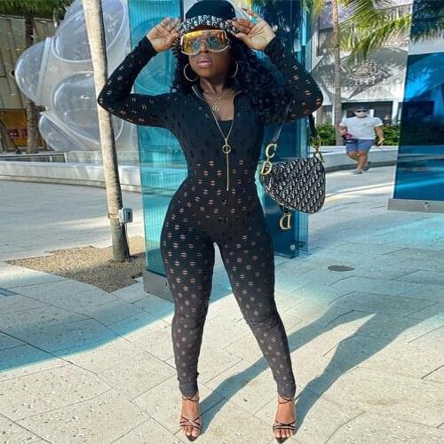 QuanRun Fashion Women Front Zipper Long Sleeve Gridding Jumpsuits Solid Sexy Casual Female Clothing Streetwear 2021 New Spring