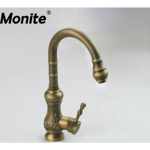Monite Antique Brass Bathroom Faucet Mixer Tap Single Handle Hole Single Hole Deck Mounted Basin Water MIxer Faucet Tap
