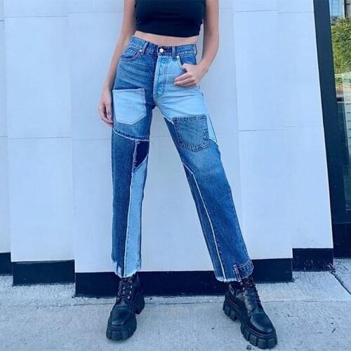 Autumn new denim trousers high waist straight patchwork jeans pocket decoration long pants kobieta dżinsy pantalones