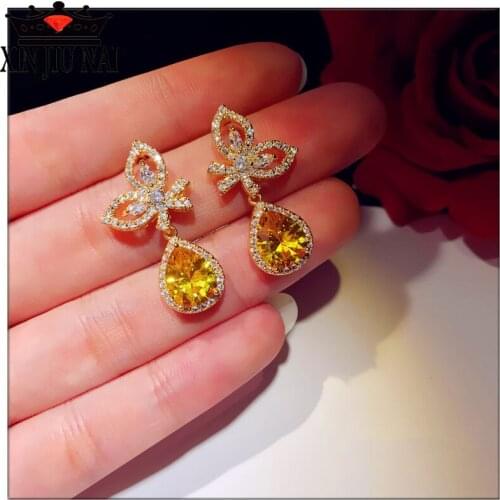 Luxury Super Shiny Yellow gem Water Drop Wings Female Earring Jewelry 925 fashion Delicate elegant Royal nobility Charms