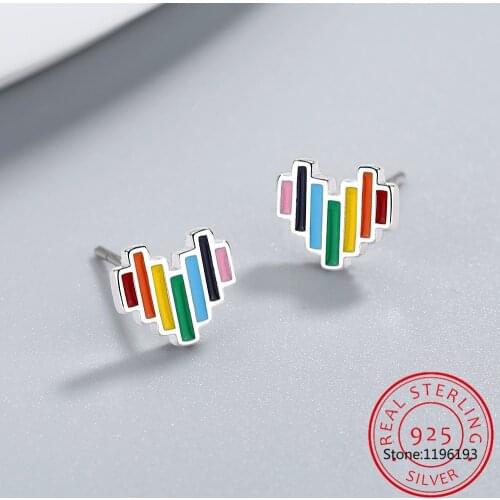 New Arrivals Cute Rainbow Hearts Jewelry For Women Girl Enamel Tiny 925 Sterling Silver Fashion Fine Stud Earrings Bijoux
