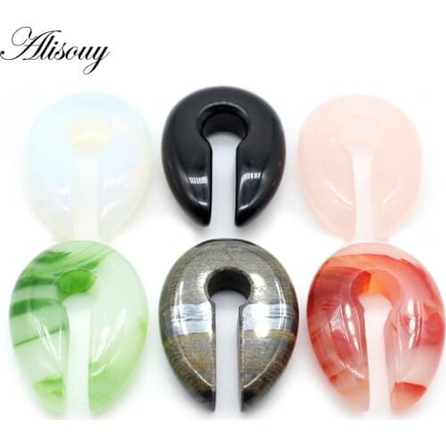 Alisouy 1pc Key Round hole Red Green Pink Black Opal Stone Ear Weight Hanger Ear Expander Plug Piercing Earrings Body Jewelry