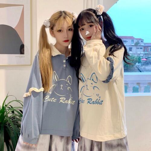 New Autumn Japan Women Harajuku Interesting Sweatshirts Loose Long Sleeve Sweatshirt Girl Sweet Blue Pullover