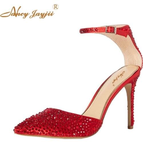 Female shoes Adult Lady Sandals Black/Red Solid Crystal Buckle Ankle Strap Super High Thin heel Solid Wedding Party Fashion 2019