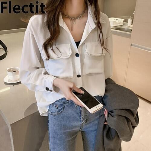 Flectit Womens Utility Style Topstitch White Shirt With Pocket Basic Collar Button Down Long Sleeve Spring Summer Blouse Tops