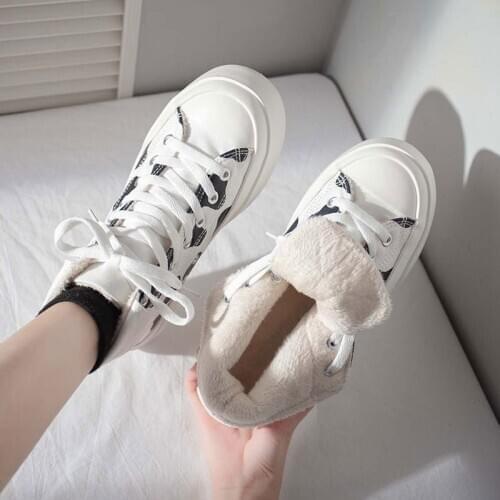 Printed Cow Canvas Womens Sneaker High Top Fashion Autumn/ Winter 2021 New Velvet Warm Popular Student Lace Up Lolita Shoes