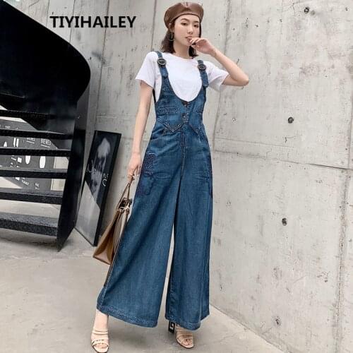 TIYIHAILEY Free Shipping Fashion Sleeveless Women Wide Leg Denim Embroidery Jumpsuit And Rompers S-XL Thin Summer Trousers Pants