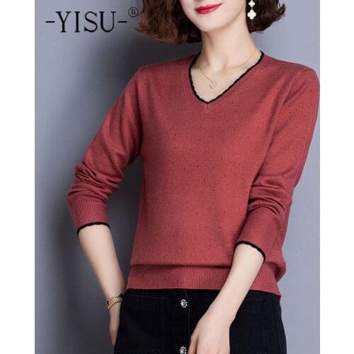 YISU Women Elegant Solid Knitted sweater Fashion V Neck Long Sleeve Pullover Tops Ladies Winter Casual Loose Jumper sweater