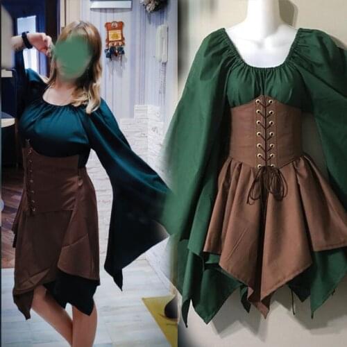 Women Dress Medieval Costumes Halloween Cosplay Renaissance Vintage Palace Victoria Full Sleeve Waist Bandage Ptachwork Party