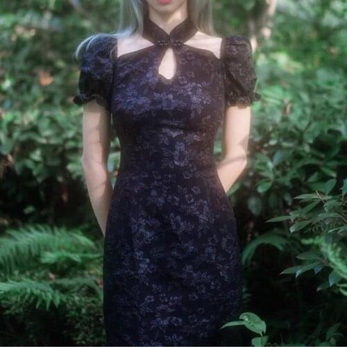 Black Dress Women Fashion Qipao Chinese Traditional Costumes Wedding Dresses Vintage Female Sexy Floral Print Hollow Out Fancy