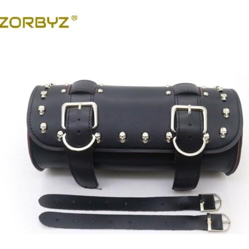 ZORBYZ Motorcycle Black PU Leather Skull Saddlebag Round Barrel Saddle Tool Bag For Harley Honda Yamaha