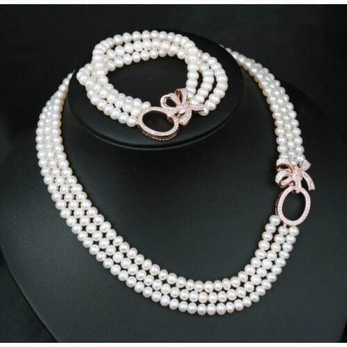 3rows freshwater pearl near round 8-9mm necklace bracelet wholesale beads 18-20inch nature unique clasp