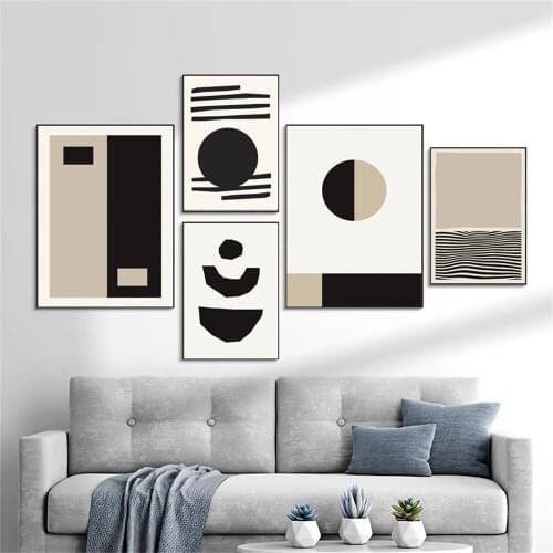 Abstract Geometry Wall Art Poster Beige Black Line Drawing Print Color Block Canvas Painting Modern Pictures Living Room Decor