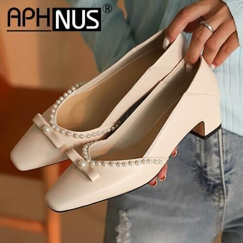 APHNUS Womens Beading Office Work Pointed Toe Low Mid Heels Pumps Woman 2020 Shoes For Women New