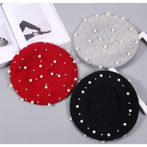 Women Pearl Beret Hats Autumn Winter Retro French Solid Color Cashmere Beanies Hat Warm Vogue Ladies Vintage Cap Accessories