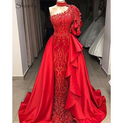 Long Arabic Style Red Evening Dresses 2020 High Neck Mermaid Beaded Lace Dubai Women Formal Gowns Detachable Train