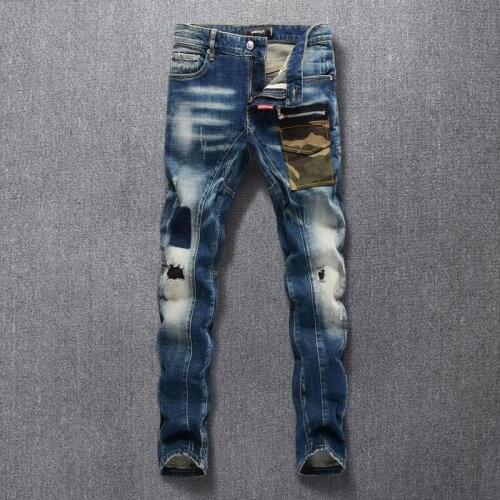 Newly Streetwear Fashion Men Jeans Retro Blue Camouflage Pocket Designer Ripped Jeans Men Spliced Hip Hop Denim Punk Biker Pants