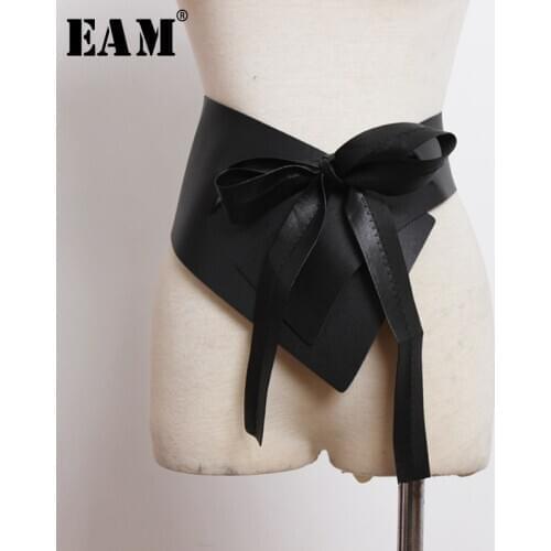 [EAM] Pu Leather Black Bandage Irregular Long Wide Belt Personality Women New Fashion Tide All-match Spring Summer 2021 1U665