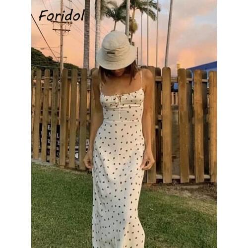 Foridol Strawberry Print White Chiffon Long Dress Women Spaghetti Strap Vintage Boho Summer Beach Maxi Dress Sleeveless Sundress