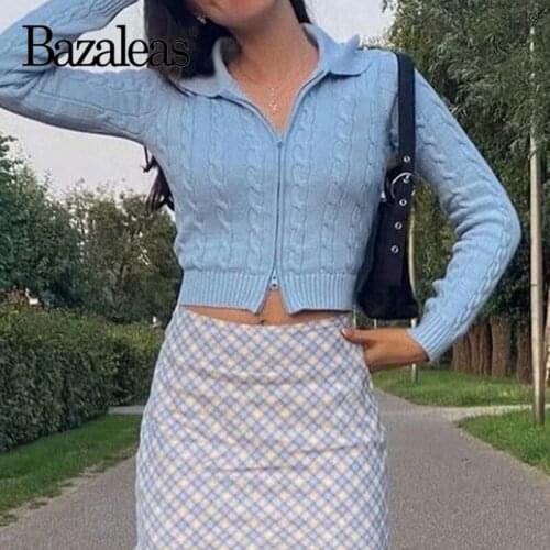 2021 Women Zipper Open Slim Streetwear Knitted Cardigan Turn Down Collar Sweater Cropped Pull Femme Kardigan