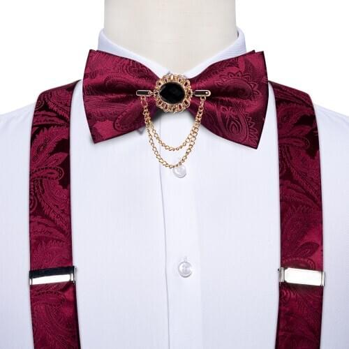 Red Suspenders With Bow Tie Leather Metal 6 Clips Suspender Braces Adjustable Pants Suspender Wedding Ties Accessories DiBanGu