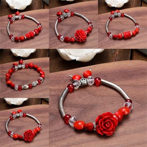 Creativity Cinnabar Red Bean Tibetan Silver Cinnabar Rose Bracelet Bangle Charm Jewellery Fashion Accessories Woman Amulet Gifts